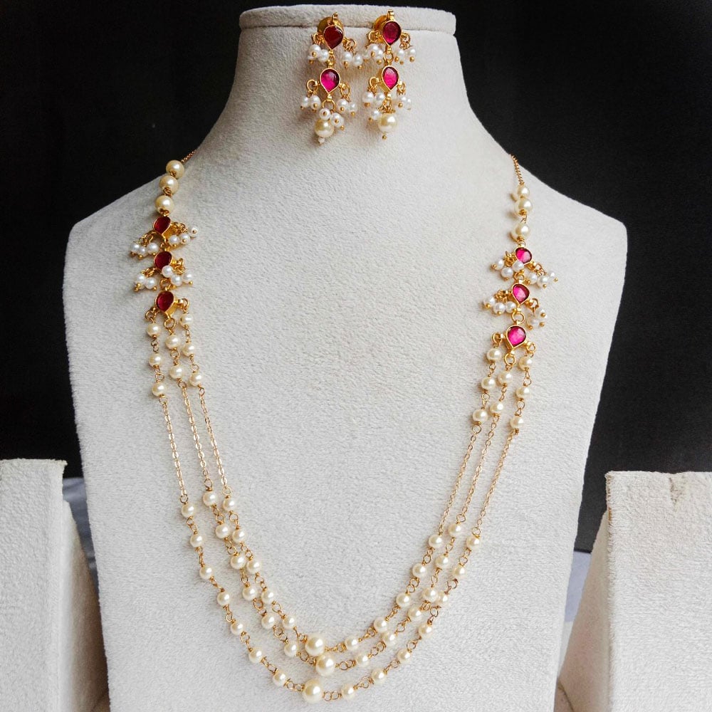 Handmade Brass Metal Jewellery Pearl Pink Necklace Set